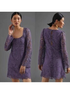 Anthropology Meave Lavender Embroidered Lace Long-Sleeve Mini Dress Size 10 NWT